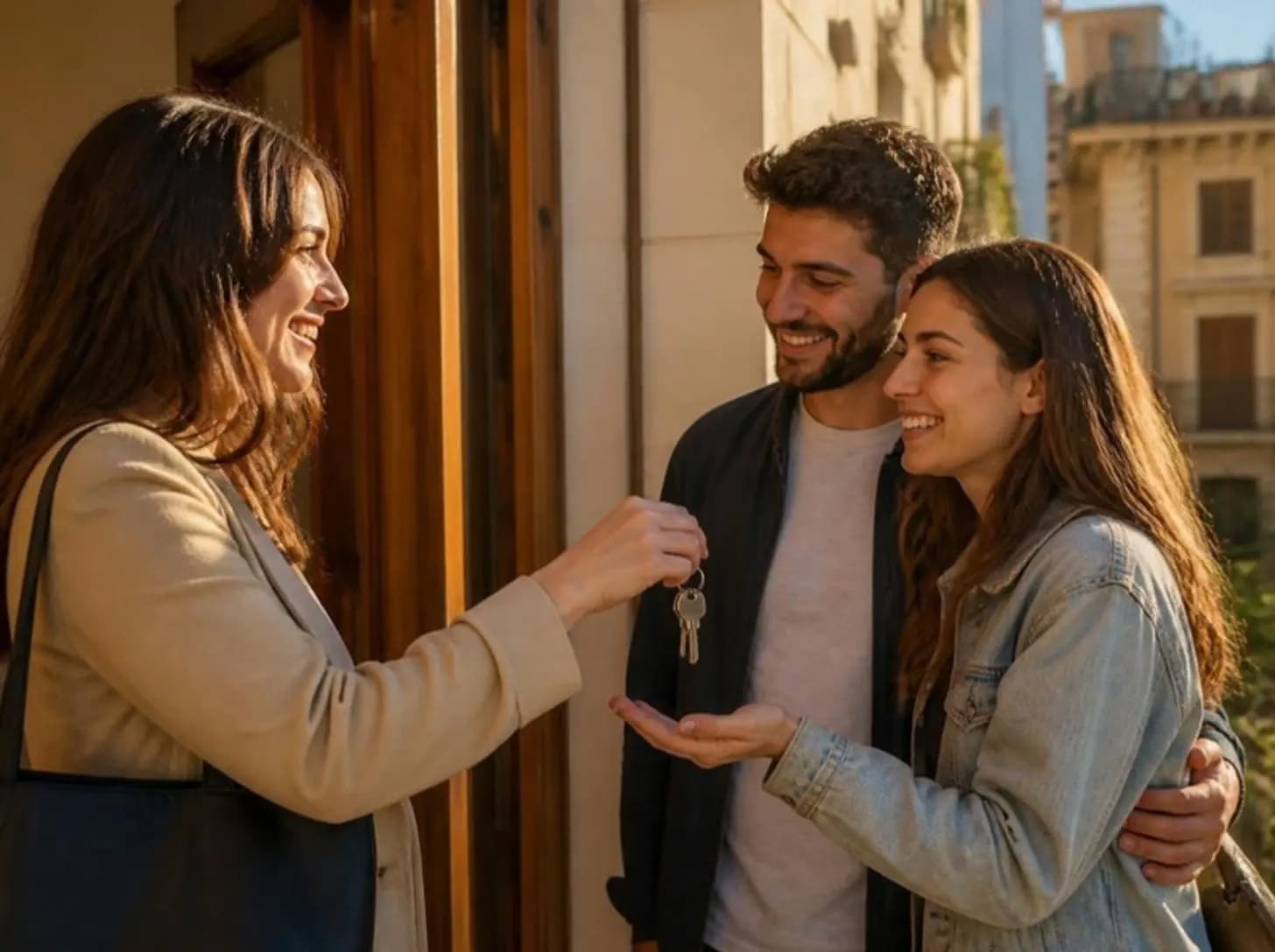 Entrega de llaves a una pareja en el portal de su nueva casa